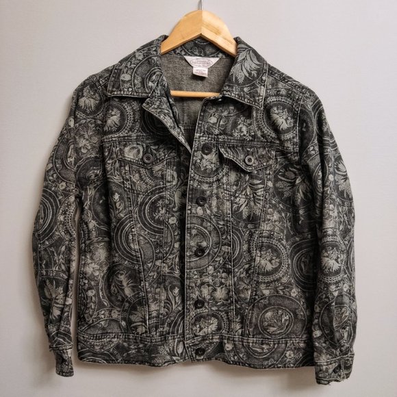 Northern Reflections Dark Grey Paisley Print Denim Jacket Stretch Size Small - Picture 2 of 7